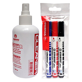 Bộ 3 Bút Lông Bảng Stabilo Plan Đầu Tròn (Xanh+Đỏ+Đen) + Nước Lau Bảng White Board Cleaner 250Ml-WM641-C3A+