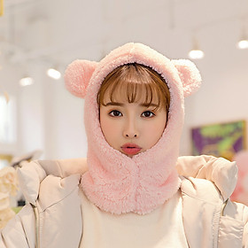 Mũ len lông cừu trùm đầu liền khăn cổ tai gấu dễ thương ấm áp mùa đông thích hợp cho bạn gái