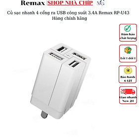 Củ sạc nhanh 4 cổng ra USB công suất 3.4A Remax RP-U43 - Hàng chính hãng