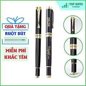 Bút kim loại khắc tên Nắp cao cấp Đen Viền Vàng P027ngòi 0.5mm | Quà tặng sinh nhật bạn gái + Ruột Bút