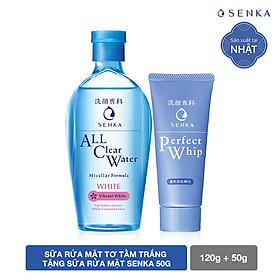 Bộ đôi làm sạch ẩm mịn và dưỡng trắng (Nước tẩy trang Micellar Trắng Da 230ml + SRM Tạo Bọt Senka Perfect Whip 50g)