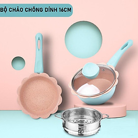 Mua Bộ Nồi Chảo Ăn Dặm Cho Bé  Chảo Men Đá 12 Cánh Chống Dính 16cm ( Tặng Kèm Xửng Hấp + Thìa )