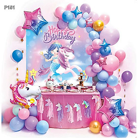 Set trang trí sinh nhật mẫu poster hình nàng tiên cá và kỳ lân kèm ống bơm tay cho bé gái - Happy Birthday