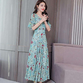 Đầm Dài Tay Hoa Sen In Hoa Nữ