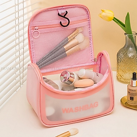 Túi đựng mỹ phẩm du lịch WashBag DẠNG HỘP có quai xách mini trong suốt, Túi đựng đồ trang điểm makup chống nước - Màu Hồng