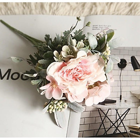 Cụm hoa hồng trà mẫu đơn thiết kế tinh tế hài hoà 20cm, hoa cô dâu, hoa decor, hoa lụa cao cấp