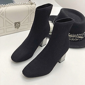 IELGY Plus velvet Martin boots women's warm stretch knitted face was thin high heel 7cm short boots