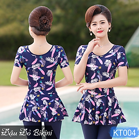 Bộ bơi trung niên, áo tắm cho người có tuổi, đồ bơi cho mẹ và bà, mẫu liền thân dáng váy & quần short đùi rời gọn gàng, màu sắc trang nhã, chất thun bơi lạnh Lycra cao cấp dày mịn mát, co giãn đa chiều | KT004 