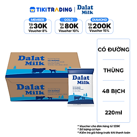 Thùng 48 bịch sữa tươi tiệt trùng Dalat Milk có đường 220ml