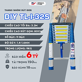 Thang nhôm rút đơn DIY TL-I-32S - Chiều cao tối đa 3.2m, chiều cao rút gọn 0.8m tải trọng 150kg