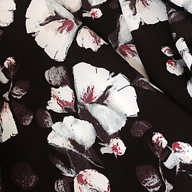 Vải thun gấm dày mềm co giãn nhẹ 4 chiều họa tiết hoa trắng nền nâu đậm