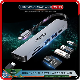 Mua Hub Type C ASWEI 6 in 1 To HDMI  USB 3.0  SD  TF  PD - Hub Chuyển Đổi USB Type C 6 Cổng - Cổng Chia USB  Ổ Chia USB Tốc Độ Cao Dành Cho MacBook  Tivi  Laptop  PC  Máy Tính Bảng  Smartphone – Hàng Chính Hãng