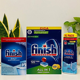 Combo muối rửa bát Finish 1,5kg+viên rửa bát Finish 120 viên+Nước làm bóng