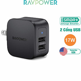 Mua Củ Sạc Điện Thoại 17W 2 Cổng USB iSmart 2.0 RAVPower RP-PC121 - Đen - Hàng Chính Hãng