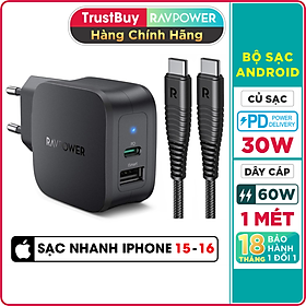 Mua Combo RAVPower Củ Sạc Điện Thoại 2 Cổng 30W RP-PC132 + Dây Cáp Sạc Type-C To C RP-CB047 - Hàng Chính Hãng