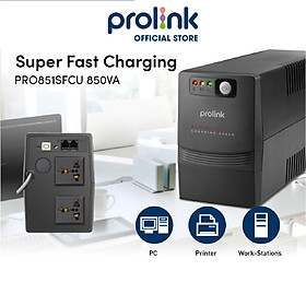 Bộ lưu điện UPS PROLiNK PRO851SFCU (850VA) công suất 480W, tích hợp bộ AVR, sạc siêu nhanh, dùng cho PC, Camera, Wifi - Hàng chính hãng