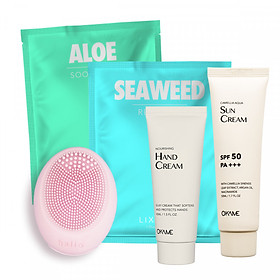 Bộ sản phẩm Máy rửa mặt bỏ túi Halio Pocket - Hồng Nhạt + Kem chống nắng OKAME + Kem dưỡng da tay OKAME + 2 Mặt nạ giấy Lixibox Aloe và Seaweed