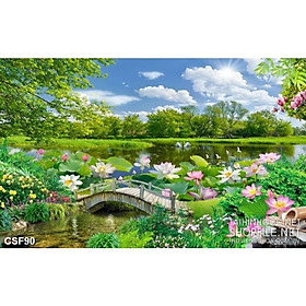 (HCM) Tranh dán tường 3d phong cảnh hoa sen trang trí phòng khách, nhà hàng tích hợp sẵn keo