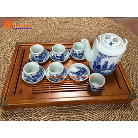 Bộ ấm tích men lam vẽ trúc lâm thất hiền loại 1.5L gốm Gia Hưng Bát Tràng