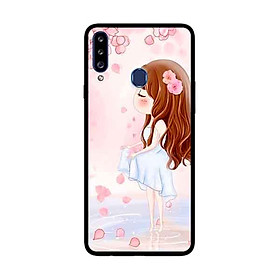 Ốp Lưng Dành Cho Samsung Galaxy A20s mẫu Cô Gái Váy Trắng Nền Hoa Đào - Hàng Chính Hãng