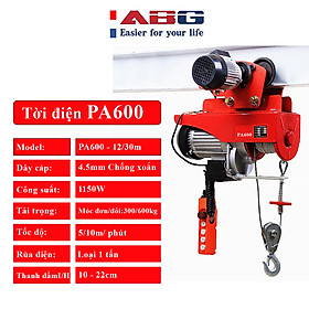 Bộ Tời Điện Kèm Rùa ABG PA600 (300/600Kg) 12 Mét - Máy Tời Treo Nâng Hạ Vật Nặng Dễ Dàng Trong Nhà Xưởng Công Nghiệp Và Đời Sống, Nâng Kéo Linh Hoạt, Hiệu Quả Cao - Hàng Chính Hãng (Giao Màu Ngẫu Nhiên)