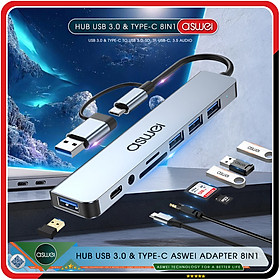 Mua Hub Type C Và Hub USB ASWEI 8 in 1 To USB 3.0  SD  TF  USB C  Audio 3.5 - Hàng Chính Hãng