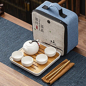 Bộ ấm chén trà đạo sứ ngọc có khay gỗ đựng phong cách Nhật Bản - Trắng ngọc trai, có quai cầm
