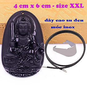 Mặt Phật Văn thù đá thạch anh đen 6 cm kèm vòng cổ dây cao su đen - mặt dây chuyền size lớn - XXL, Mặt Phật bản mệnh