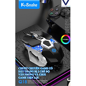 Chuột chuyên game có dây K-Snake Q18 có 2 chế độ chơi game ghìm tâm và làm việc văn phòng với tốc độ chuột 6400DPI kèm theo đèn led cực đẹp