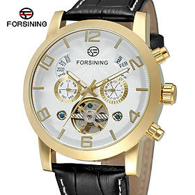 Đồng hồ nam thời trang Forsining Dây da Dạ quang Chuyển động cơ học không thấm nước-Màu Vàng trắng