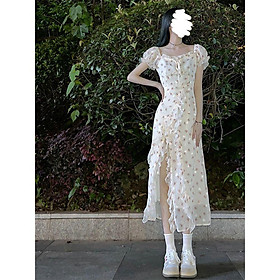 SHUANGYAN Trà nghỉ kiểu Pháp cổ vuông một chữ vai hở vai ôn nhu hoa nhỏ váy nữ Hạ bất quy tắc xẻ tà thu eo dài váy