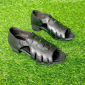 Giày sandal nữ gót vuông 4cm da bò hở mũi Trường Hải 2 màu đen, trắng SD145