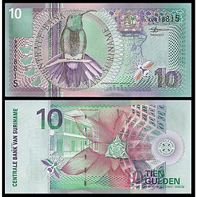 Tiền 10 gulden Suriname, mới cứng, tặng kèm bao nilong bảo quản