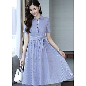 Đầm xoè dài xanh sọc cột nơ bên eo XDS149
