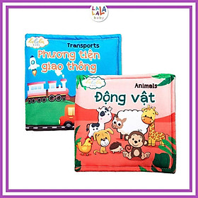 Combo 2 cuốn sách vải , kích thích đa giác quan, kích thước 15x15cm 12 trang (Phương tiện GT, Động vật)