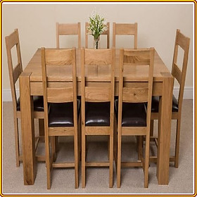 Bộ bàn ghế phòng ăn gỗ sồi Tundo màu vàng tự nhiên 1m8 + 8 ghế mặt nệm 2 nan