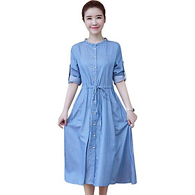 Đầm denim dáng dài cổ bèo