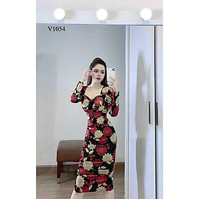 Đầm body in hoa tay dài trang trọng quý phái