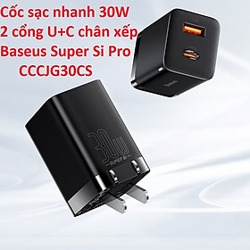 Cốc sạc 30W 2 cổng U+C chân xếp Baseus Super Si Pro CCSUPP-D01_ Hàng chính hãng - Đen