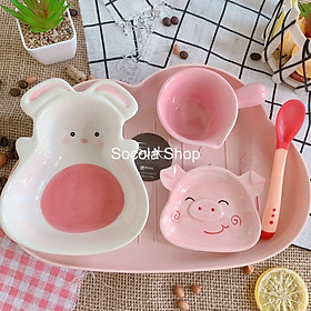 Combo Chén Bát Ăn Dặm Bằng Sứ Thỏ Trắng