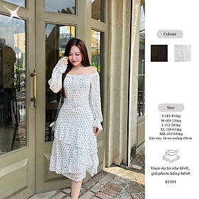 Đầm Maxi Ruzimay Trễ Vai Chấm Bi Dáng Dài Xếp Tầng R1100