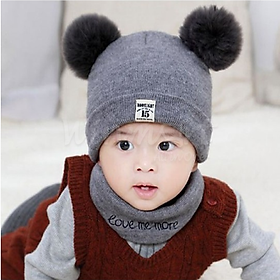 Nón len, mũ len vải len tăm có hai quả bông mềm mịn kèm khăn ống quàng cổ giữ ấm cho bé từ 0-2.5 tuổi(CJ)