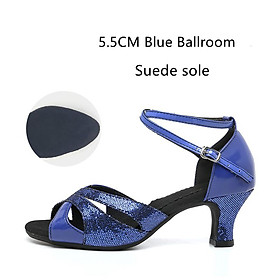 Giày khiêu vũ Latin long lanh của phụ nữ cao su Da lộn đế Ballroom Tango Dancing Shoe Salsa Party Dance giày thấp gót thấp 3,5cm/5,5cm Color: 55mm Blue Outdoor Shoe Size: US3-FR33