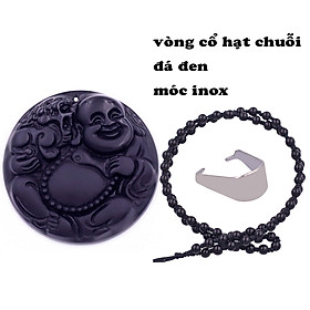 Mặt dây chuyền Phật Di lặc tròn đá đen 4.5 cm ( size lớn ) kèm vòng cổ hạt chuỗi đá đen + móc inox trắng, mặt dây chuyền Phật cười