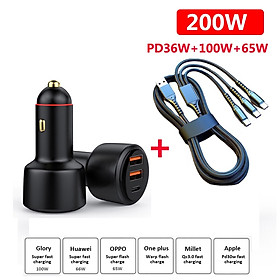 Cốc sạc trên ô tô kèm dây sạc 3 đầu USB Car Charger 200W 125W 65W Type C PD 3.0 Super Fast Charging