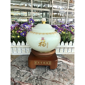 Thố đựng trà, thực phẩm đá ngọc màu xanh, đỏ, trắng kèm đế gỗ xoay - Cao 23 cm