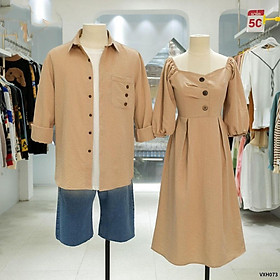 Set áo đầm đôi tình nhân đồ cặp áo sơ mi và đầm nữ phong cách thời trang Hàn Quốc chụp hình cưới đi biển