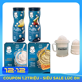 Combo Gerber Ăn Dặm Toàn Diện 1 (gồm 2 bột Gerber Bột gạo và Lúa mì mật ong, 1 Gerber Chuối, 1 Gerber Dâu Táo) tặng bộ vắt cam và nghiền thức ăn đa năng
