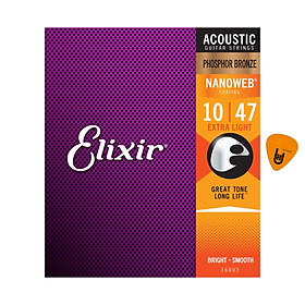 Elixir 16002 - Dây Đàn Acoustic Guitar Cỡ 10 (.010-.047) Phosphor Bronze Strings Extra Light (Bộ Dây Ghi-ta phủ lớp Nanoweb cao cấp) - Kèm Móng Gảy DreamMaker