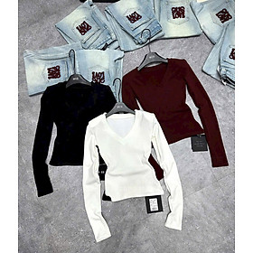 Áo thun dài tay nữ cổ tim có đệm vai HOT HIT